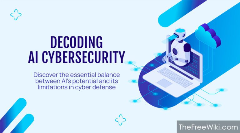 AI-driven cybersecurity concept featuring a humanoid robot analyzing data on a laptop, symbolizing the balance between AI's potential and limitations in cyber defense.